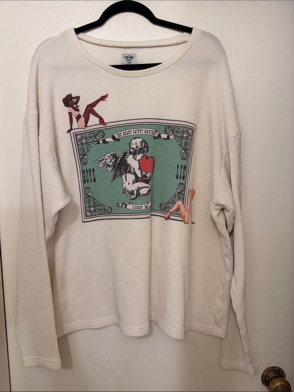 Boys Lie Cream Waffle Crewneck with Mint Panel and Angel Motif